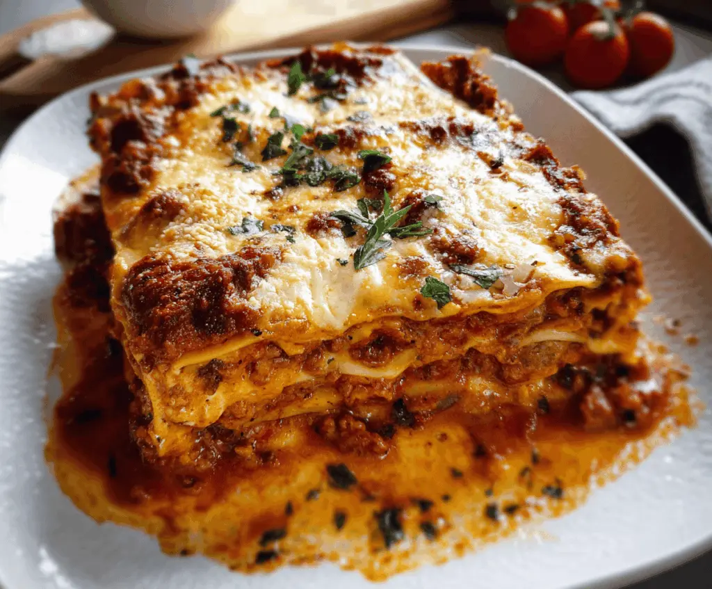 Delicious homemade lasagna with bubbling cheese and rich tomato sauce on a baking dish.