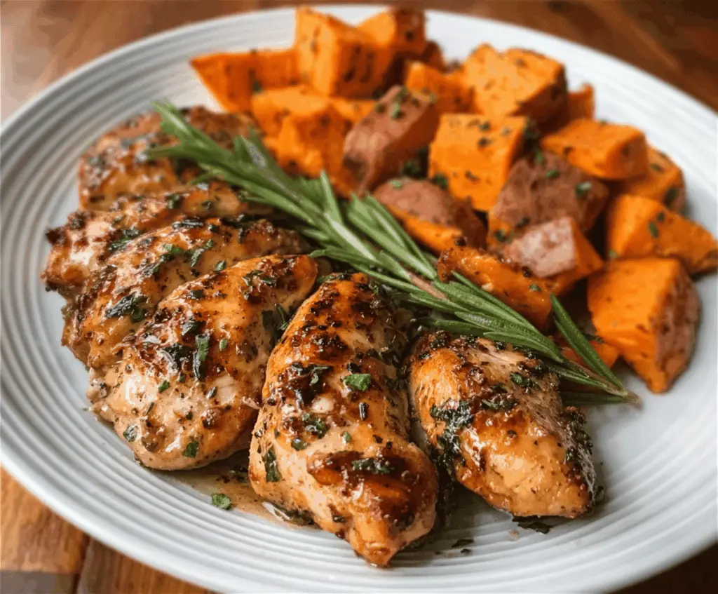 Delicious honey garlic chicken served with roasted sweet potatoes on a plate.