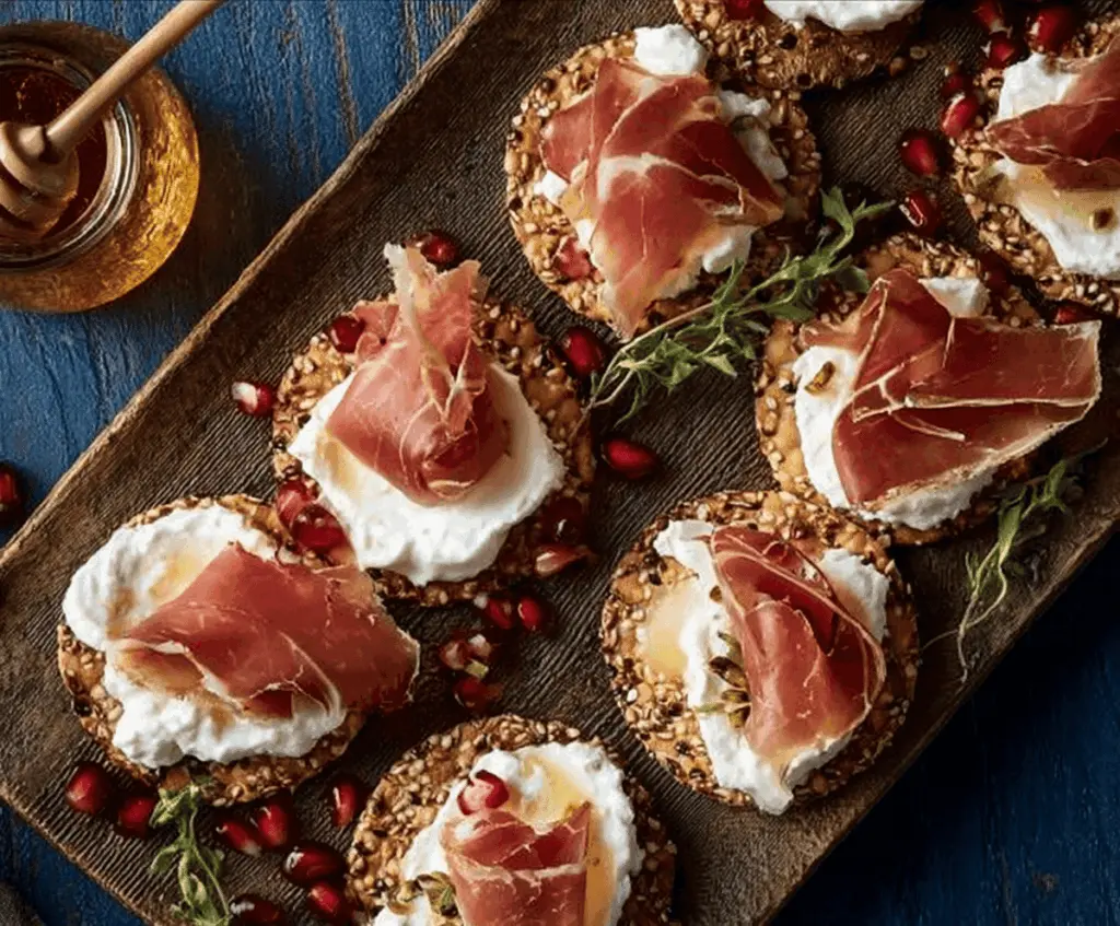 Creamy honey whipped ricotta served on crispy crackers with slices of prosciutto for a savory appetizer.