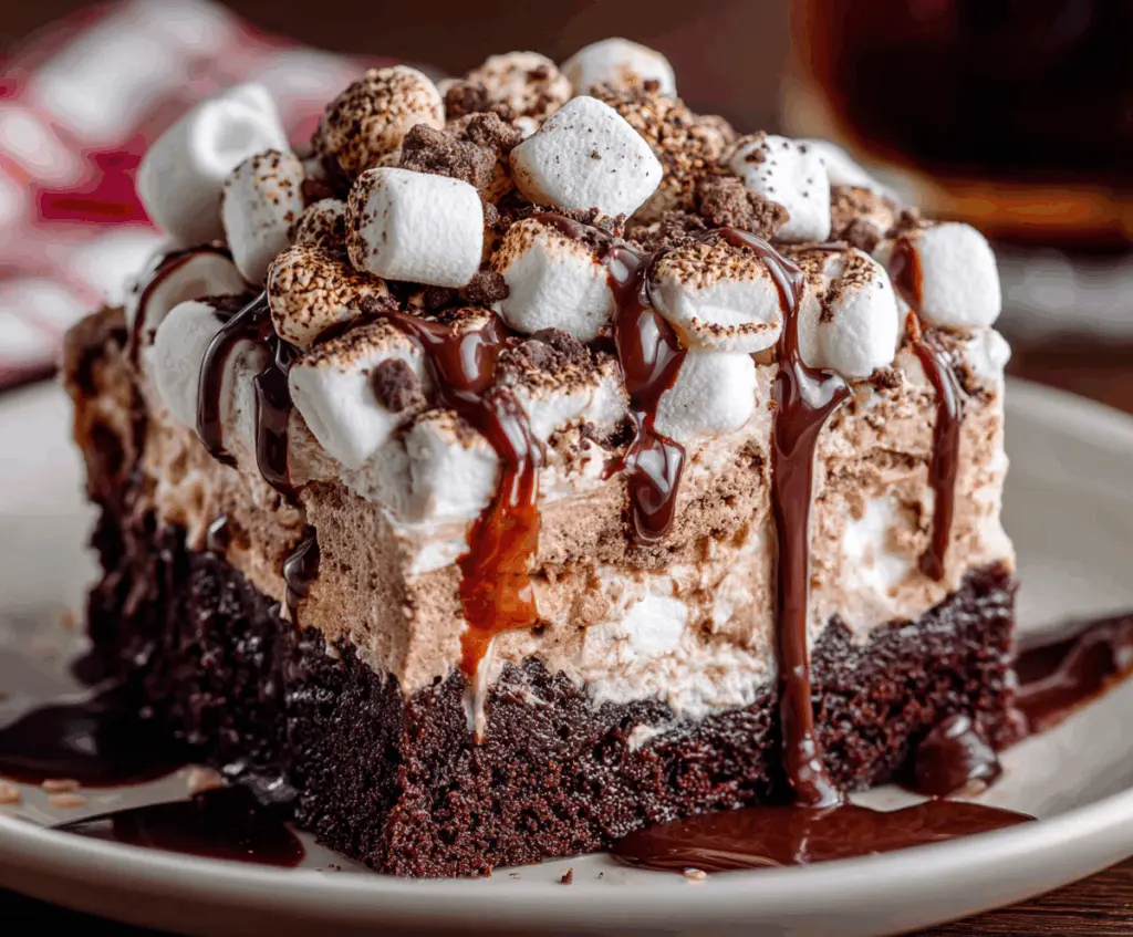 Delicious Hot Chocolate Poke Cake topped with whipped cream and chocolate shavings on a serving plate.