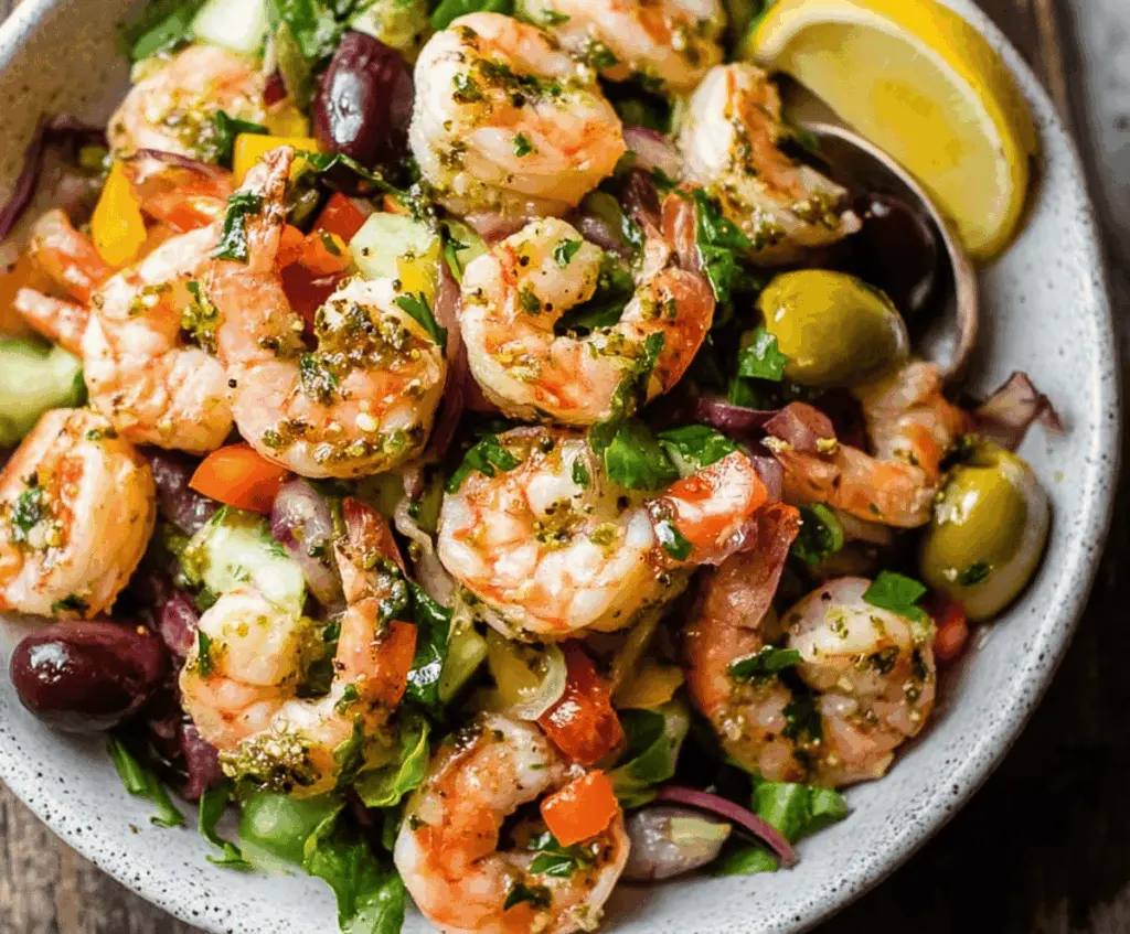 Fresh Italian Olive Oil Shrimp Salad with vibrant greens and ripe tomatoes.