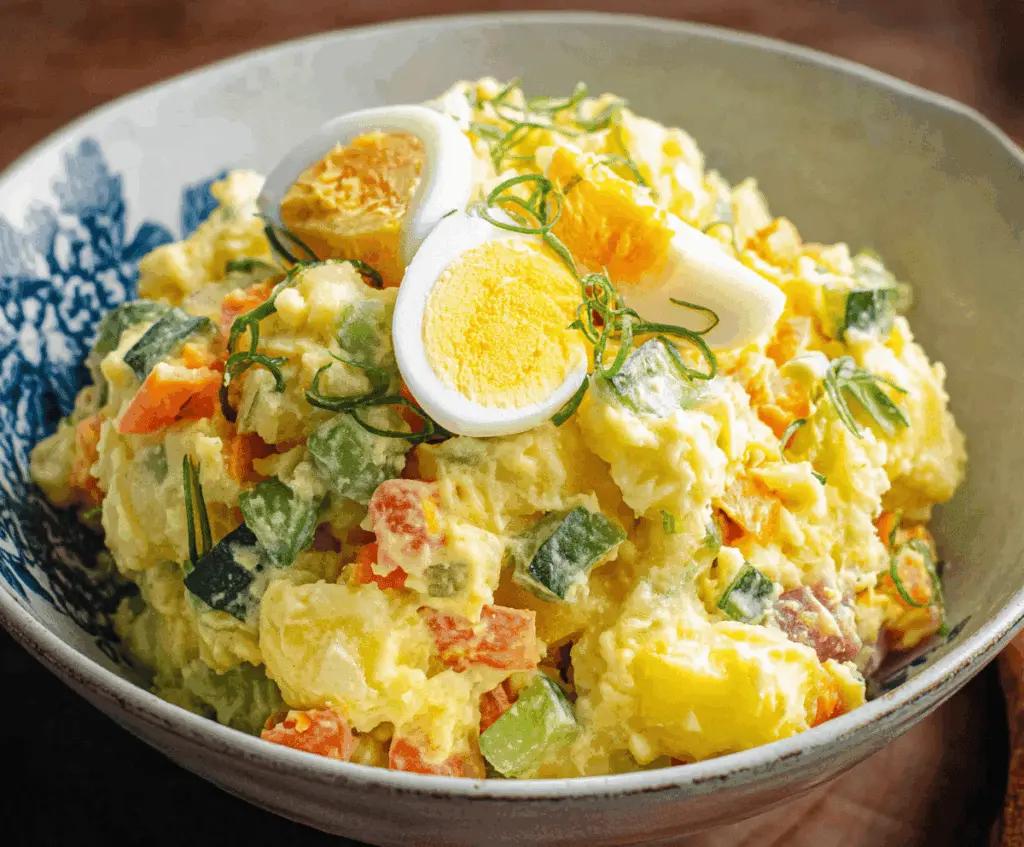 Delicious Japanese Potato Salad with fresh vegetables and creamy dressing.