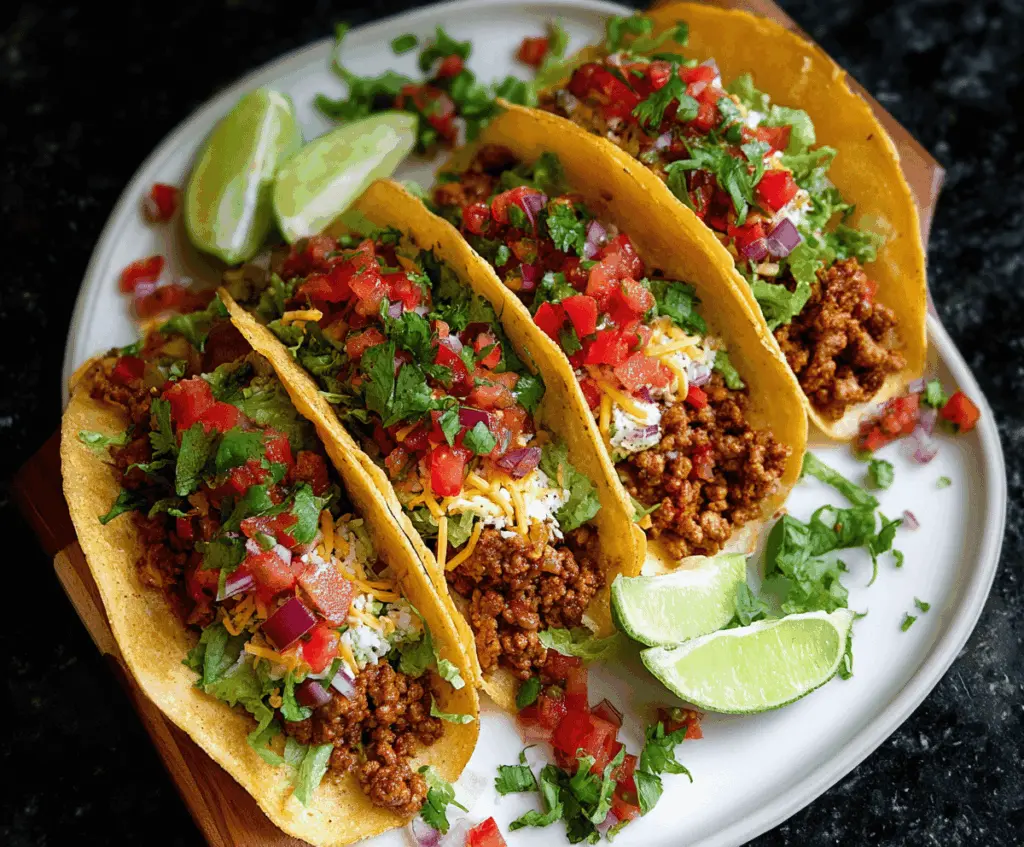 Delicious and juicy ground turkey tacos topped with fresh vegetables and cheese