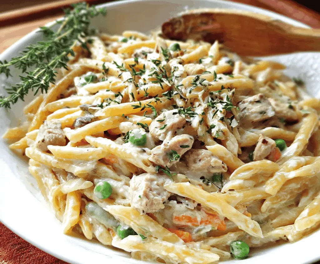 Delicious leftover Thanksgiving turkey pasta dish with creamy sauce and savory herbs.