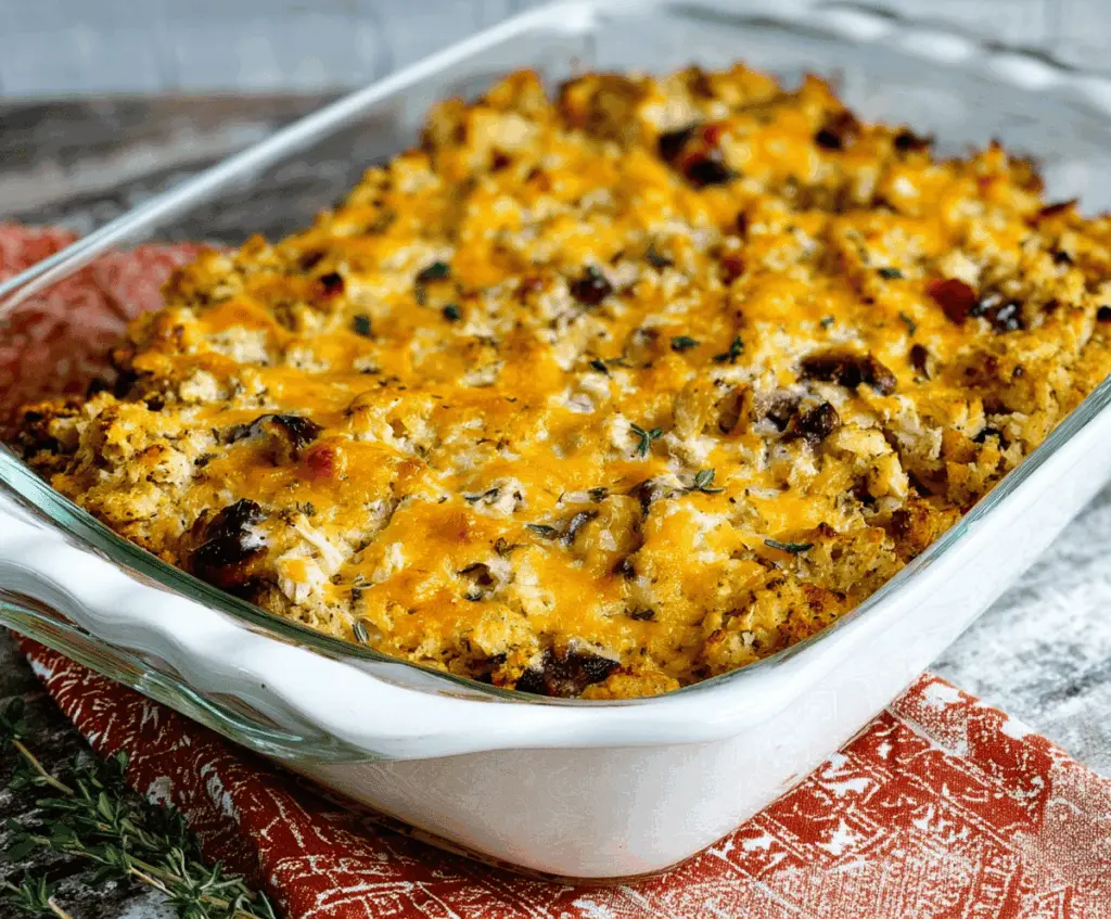 Delicious leftover turkey casserole topped with melted cheese and fresh herbs