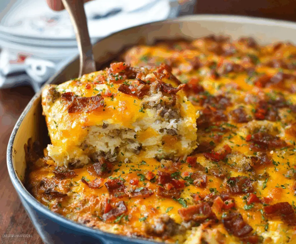 Delicious loaded overnight breakfast casserole with eggs, cheese, and bacon in a baking dish