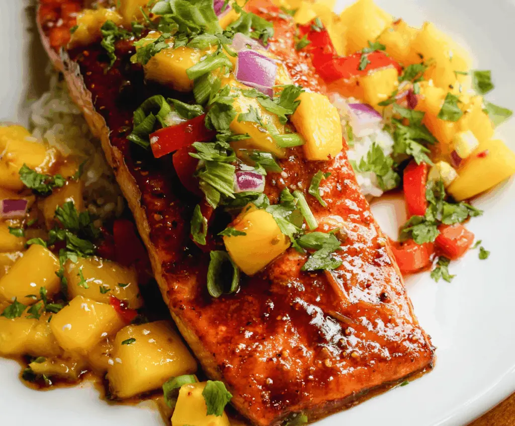 Delicious Mango Teriyaki Salmon served with fresh mango slices and vibrant vegetables