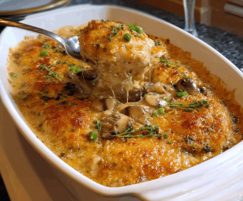 Delicious Neiman Marcus Chicken Casserole with crispy golden topping served in a ceramic dish.