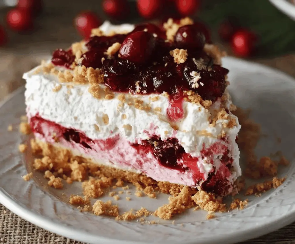 Delicious No-Bake Cranberry Yum Yum dessert with fresh cranberries and creamy topping.