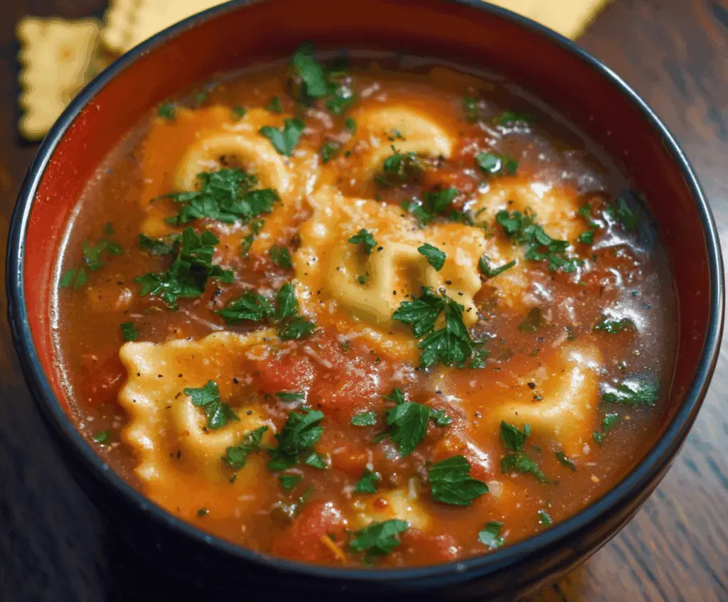 Delicious one-pot vegetarian ravioli soup with fresh vegetables and herbs in a cozy bowl.