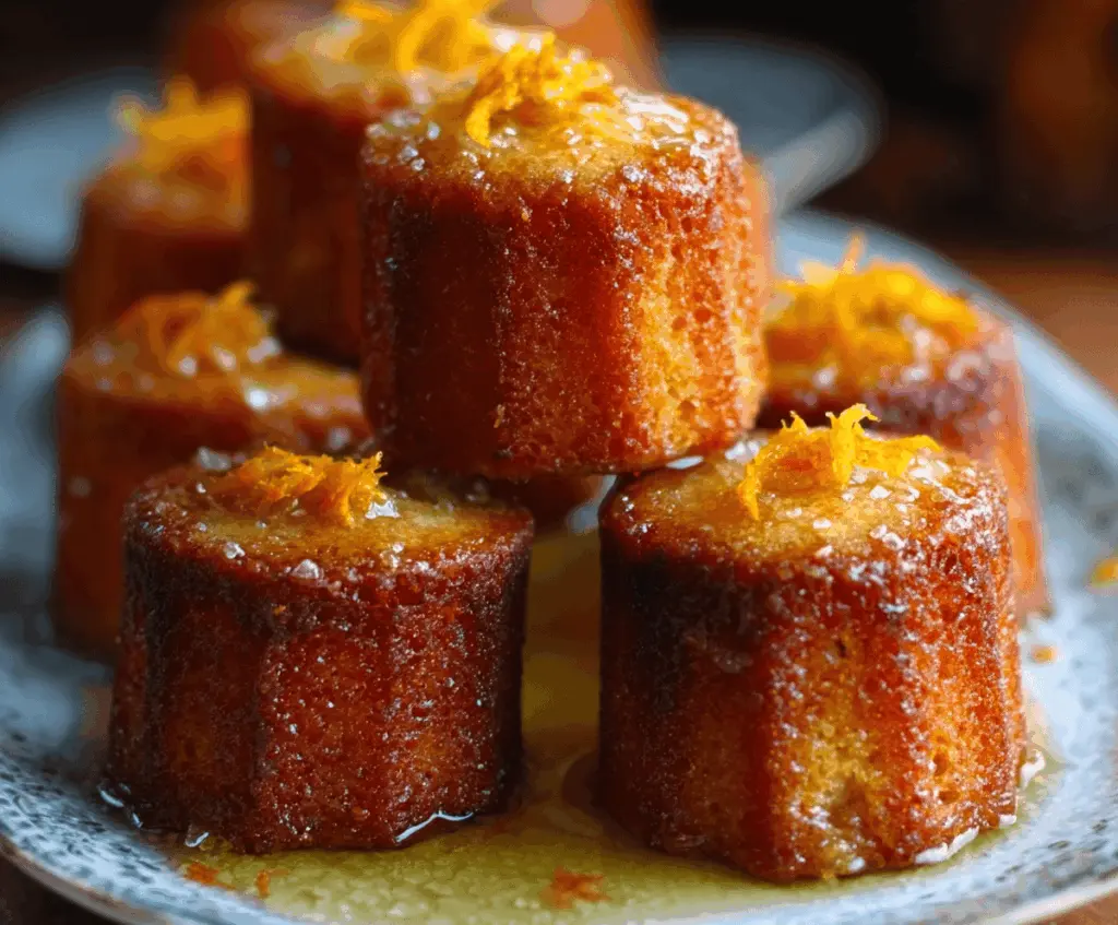 Delicious Orange Ginger Honey Cakes on a decorative plate, showcasing a moist and flavorful dessert with a citrus and ginger flavor.