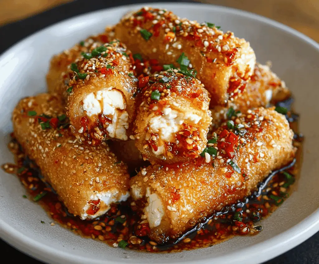 Oven Fried Feta Rolls with Chili Honey served on a platter, garnished with fresh herbs, perfect for appetizers.