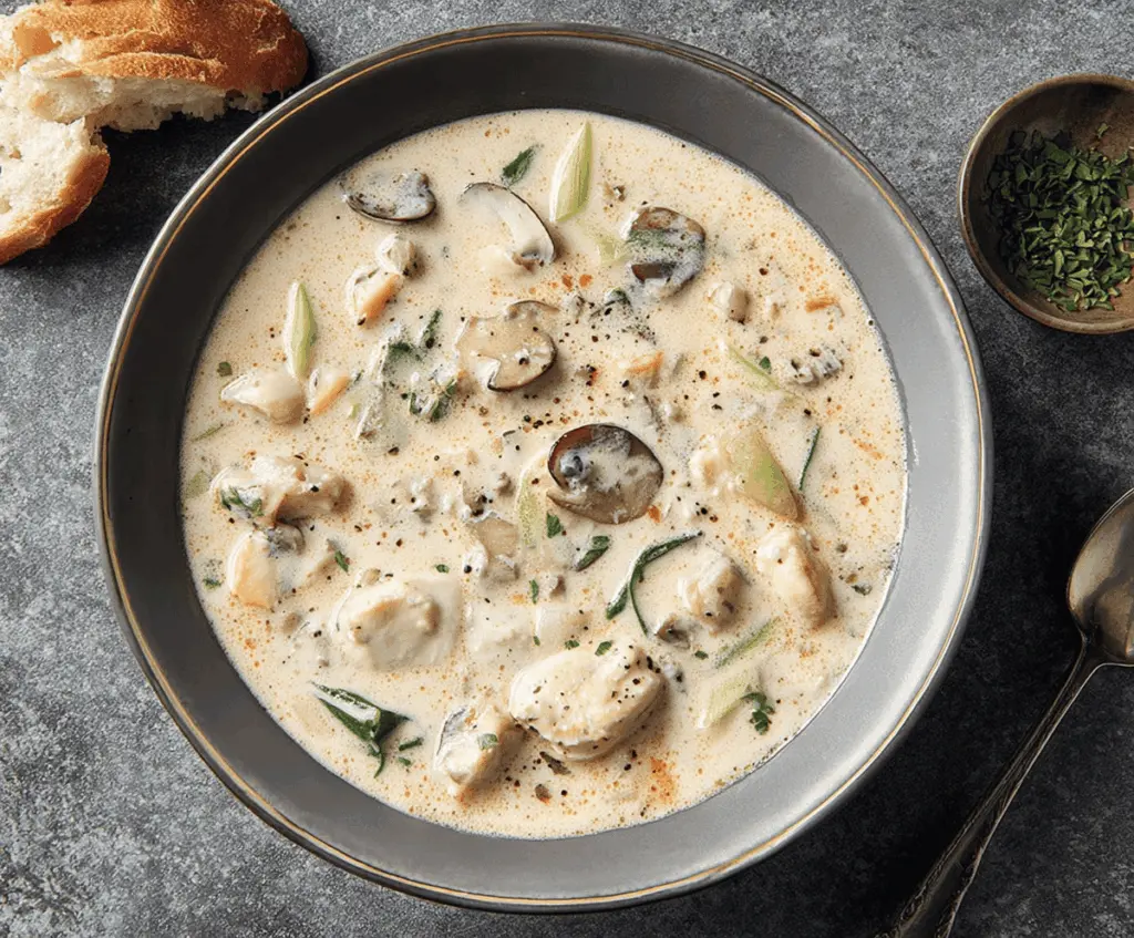 Warm and creamy oyster stew served in a rustic bowl, garnished with fresh herbs.