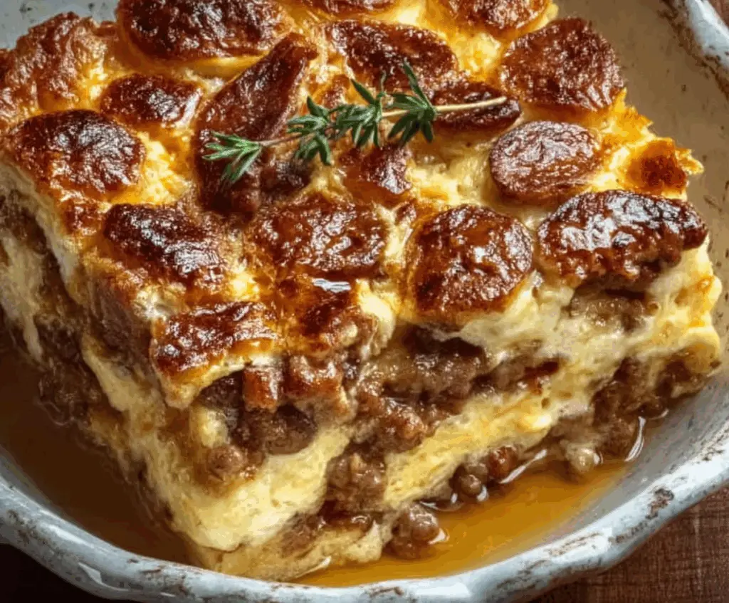 Delicious pancake sausage casserole topped with crispy bacon and fresh herbs, perfect for breakfast or brunch.