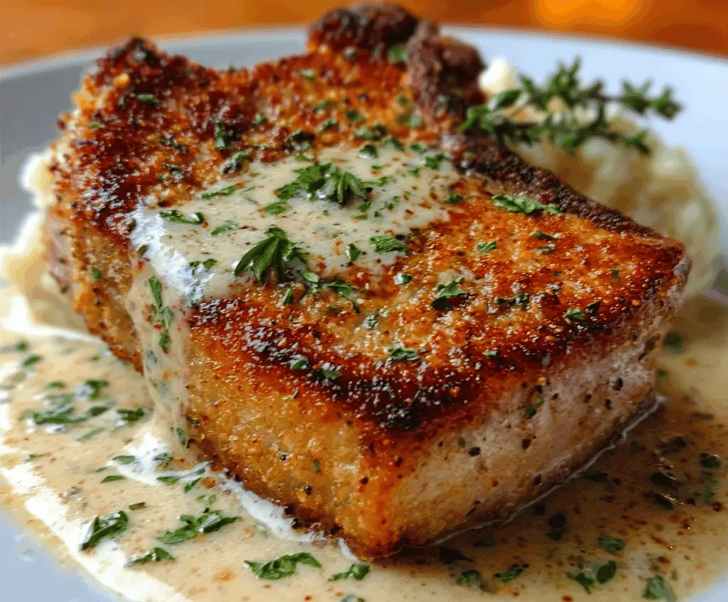 Delicious Parmesan Crusted Pork Chops served with fresh vegetables on a plate.