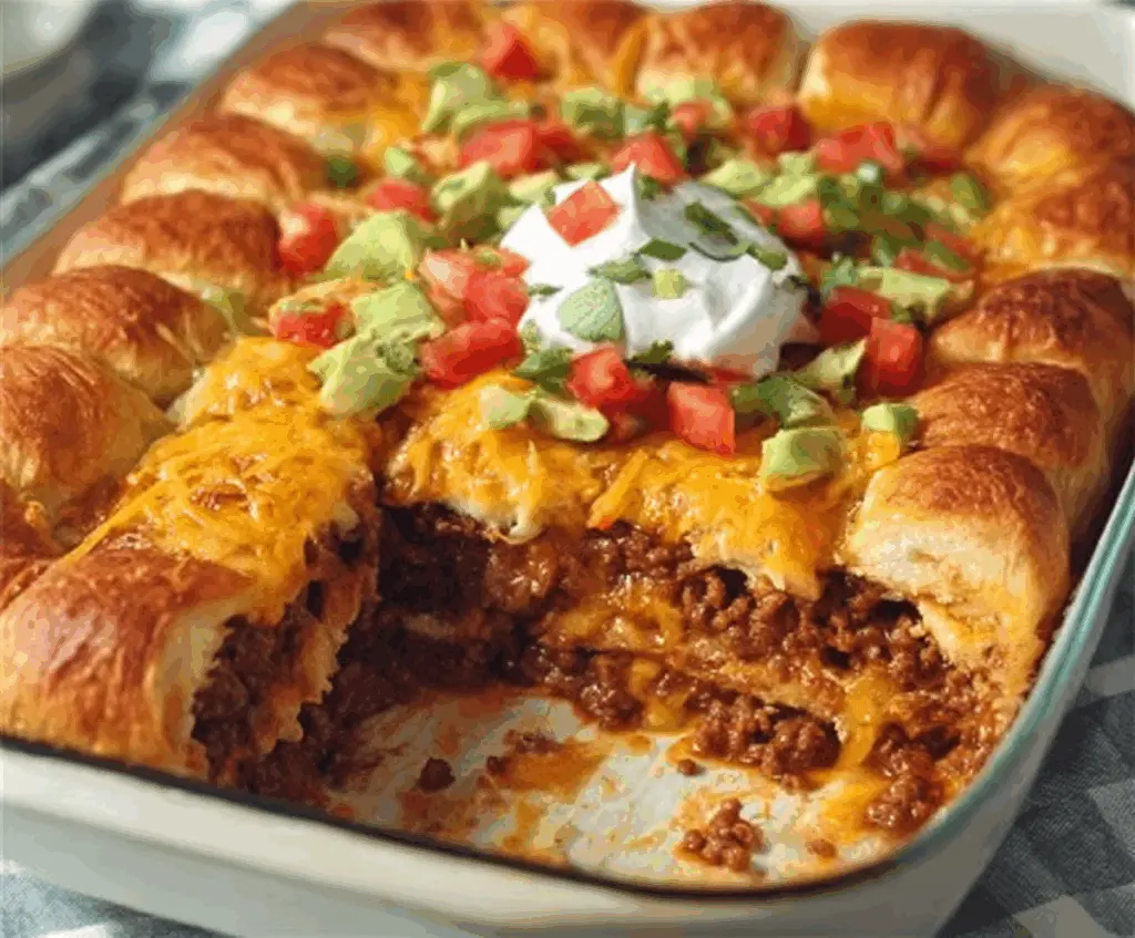 Delicious Pillsbury Crescent Roll Taco Bake with melted cheese and seasoned beef in a baking dish.