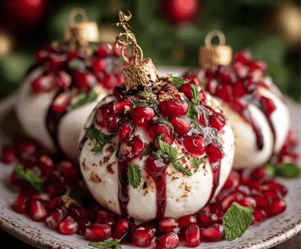 Decorative pomegranate and burrata Christmas ornaments for holiday table setting.