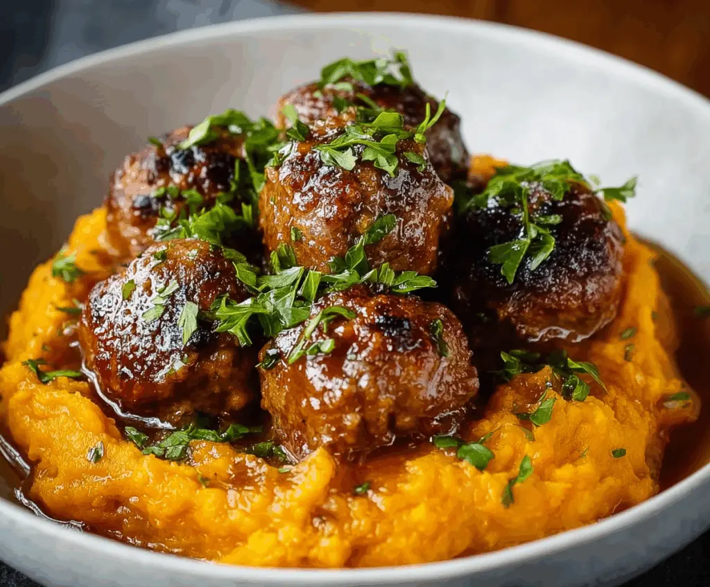 Delicious pork meatballs with a side of creamy sweet potato mash, perfect for a healthy meal.