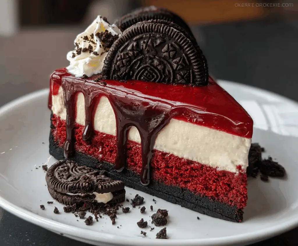 Creamy red velvet Oreo cheesecake topped with crushed Oreos and a smooth cream cheese frosting.