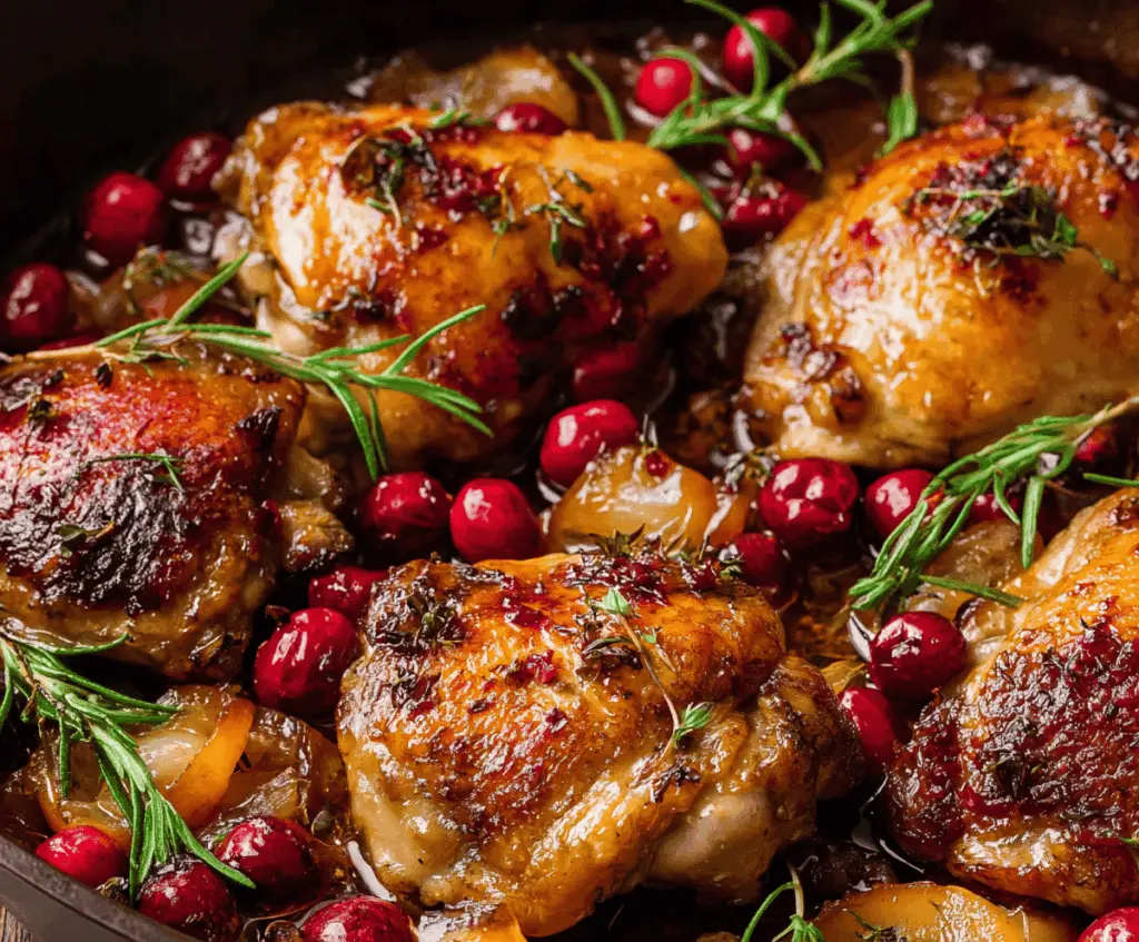 Juicy roasted cranberry chicken thighs served with fresh herbs and a glossy sauce.
