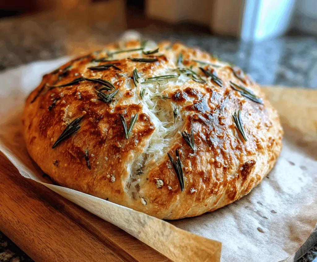 Freshly baked rustic no-knead rosemary garlic bread with golden crust and aromatic herbs