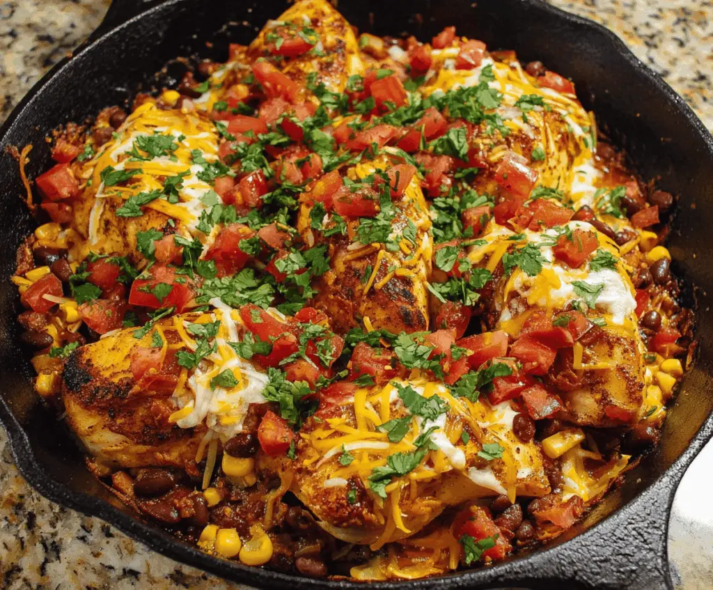 Delicious Santa Fe Chicken Skillet with colorful peppers and melted cheese on a skillet.