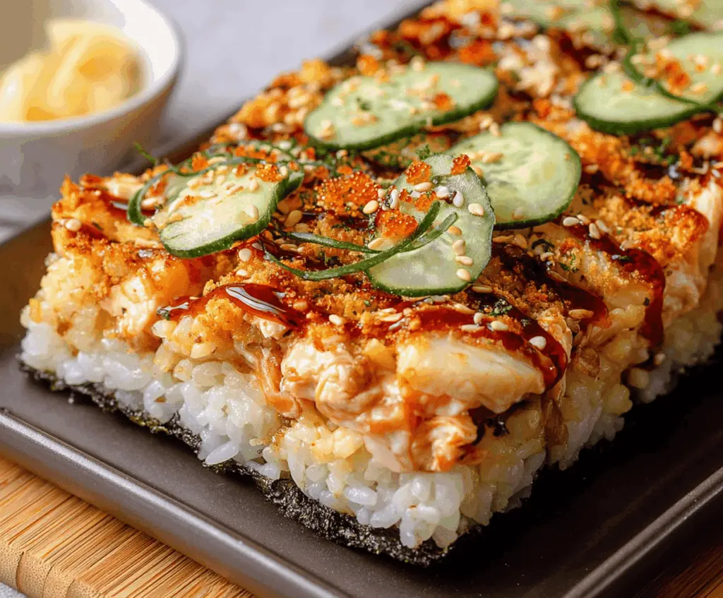 Delicious Sushi Bake with fresh seafood, rice, and creamy toppings served in a baking dish.