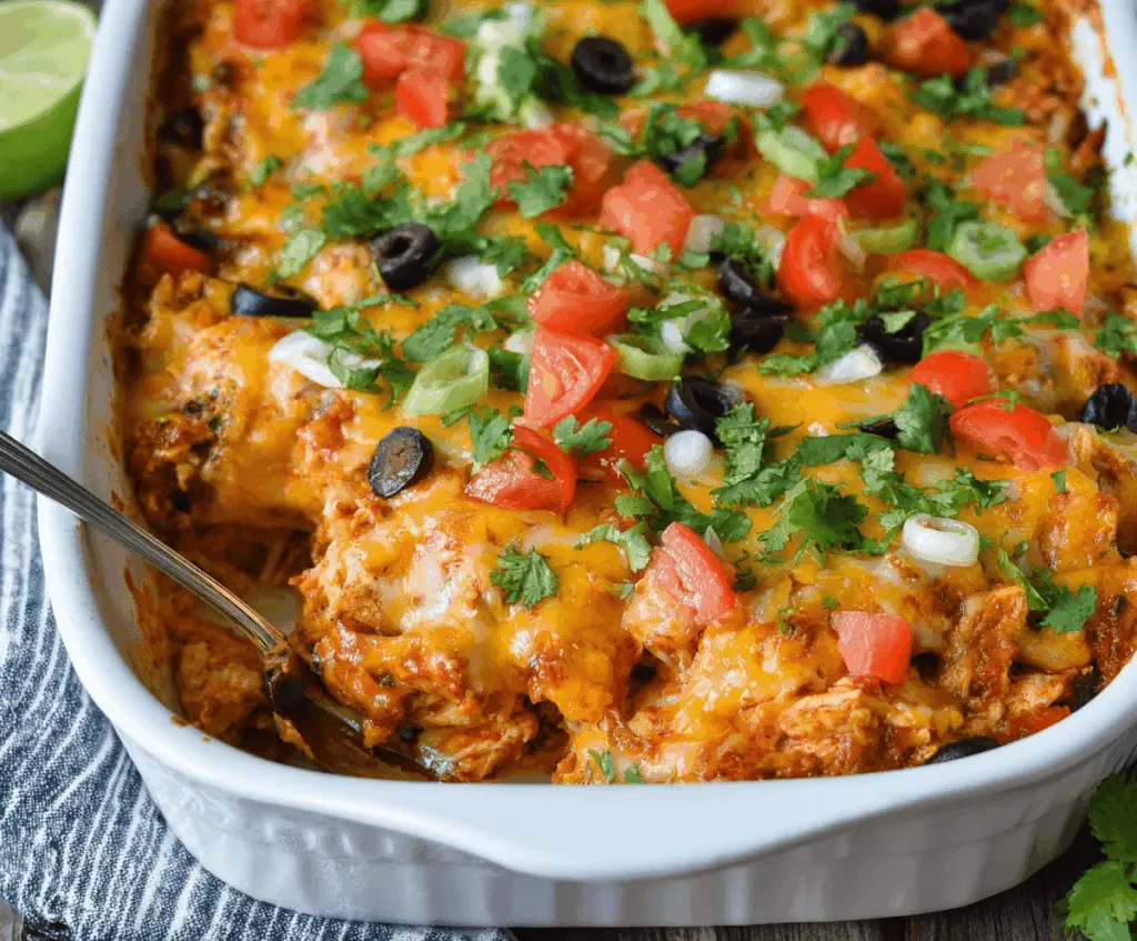 Delicious Tex-Mex chicken casserole topped with melted cheese and fresh herbs.