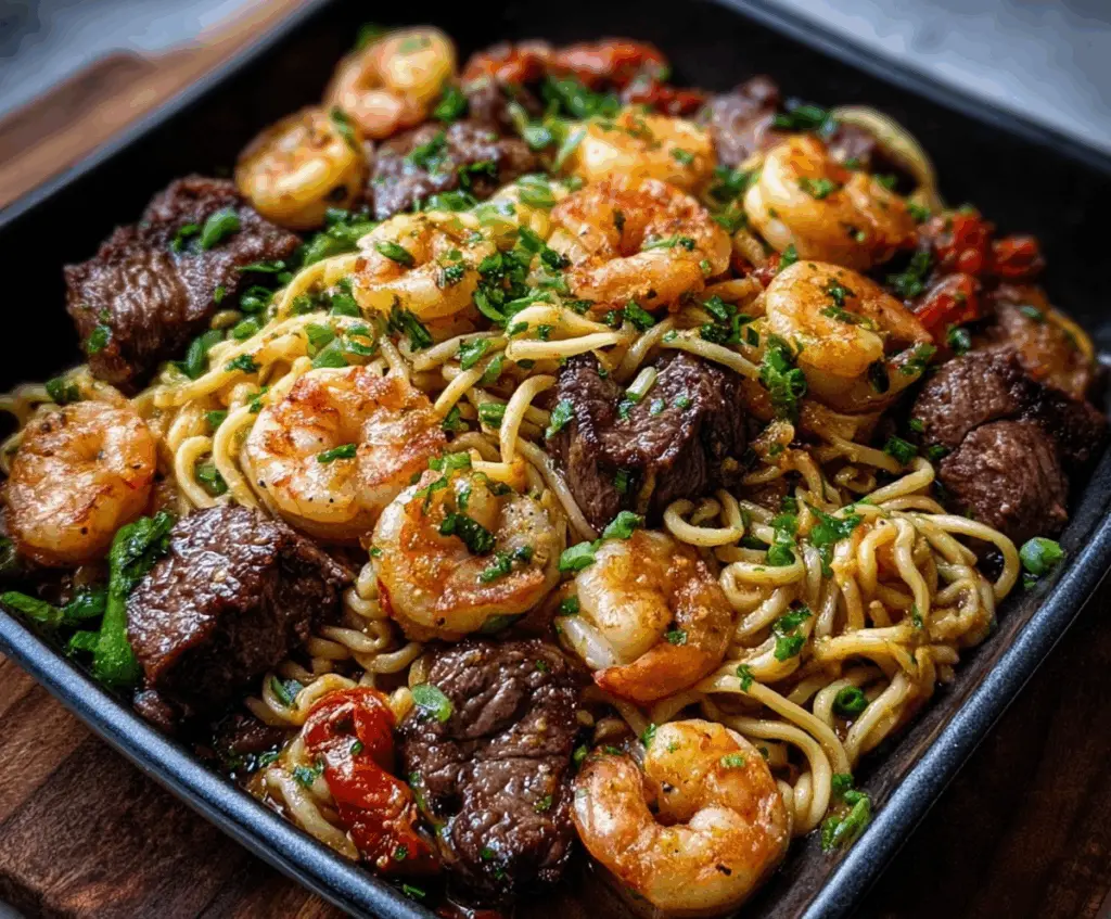 Delicious surf and turf garlic noodles featuring tender steak and succulent seafood.