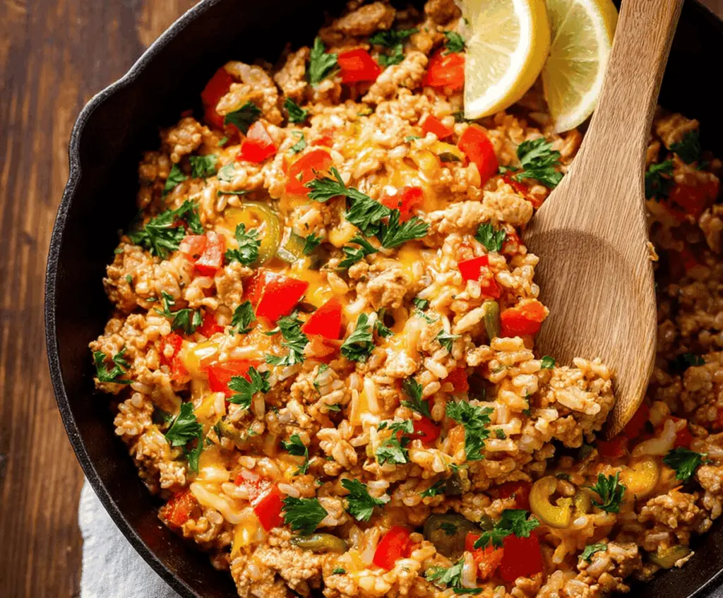Delicious turkey and rice skillet served on a plate, showcasing a savory and colorful meal.