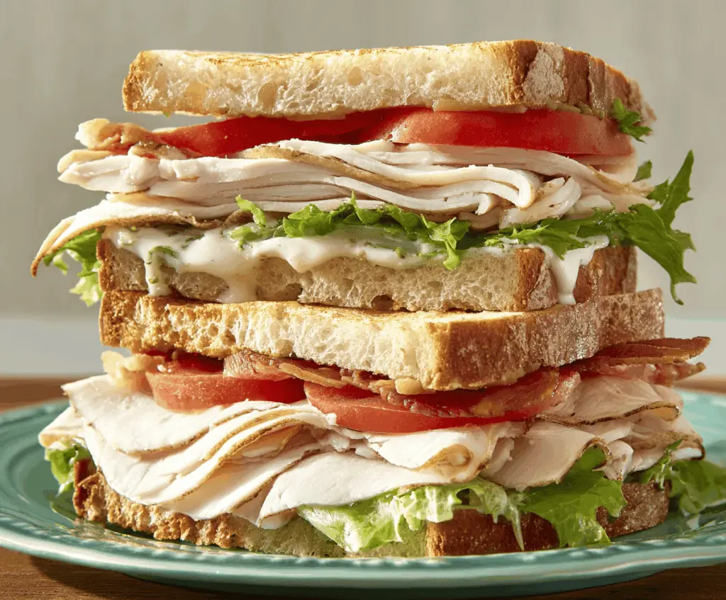 Delicious turkey sandwiches with fresh lettuce and tomato on whole wheat bread, perfect for a healthy lunch.