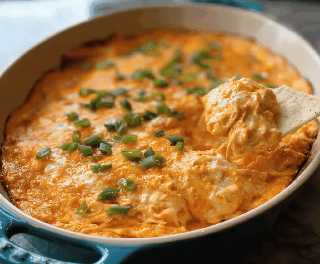 Creamy Buffalo Chicken Dip with shredded chicken, cheese, and spicy buffalo sauce served in a bowl.
