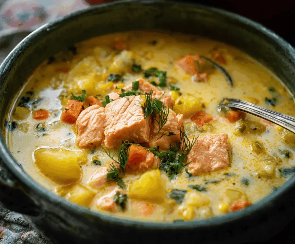 Delicious bowl of wild salmon chowder with chopped herbs and a creamy broth.