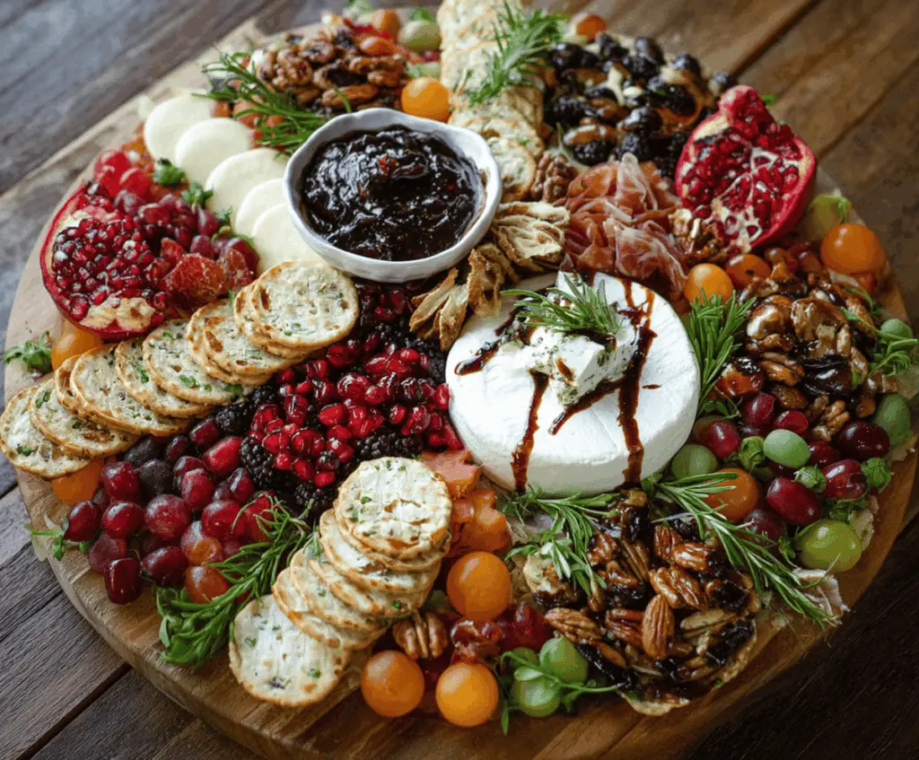 Winter grazing board featuring assorted cheeses, cold cuts, fresh fruits, nuts, and festive toppings for holiday gatherings.
