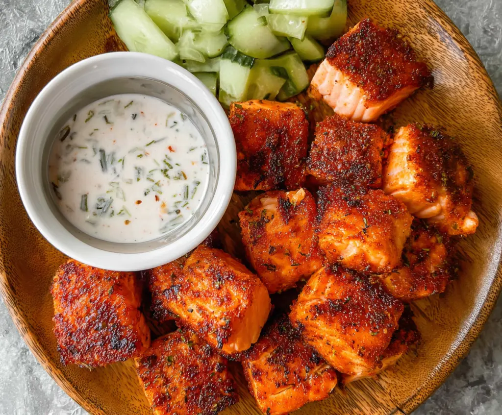 Delicious crispy Air Fryer Salmon Bites served with lemon wedges on a white plate.