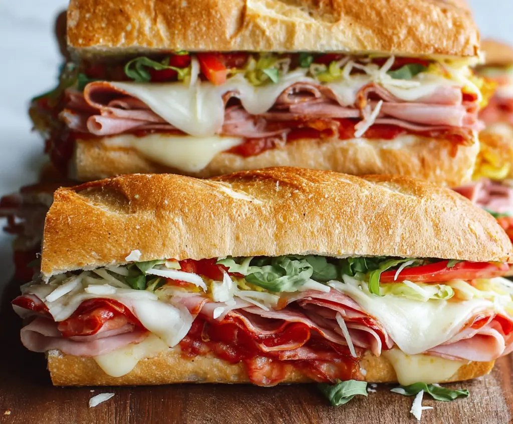 Delicious baked Italian sub sandwiches topped with melted cheese and fresh ingredients.