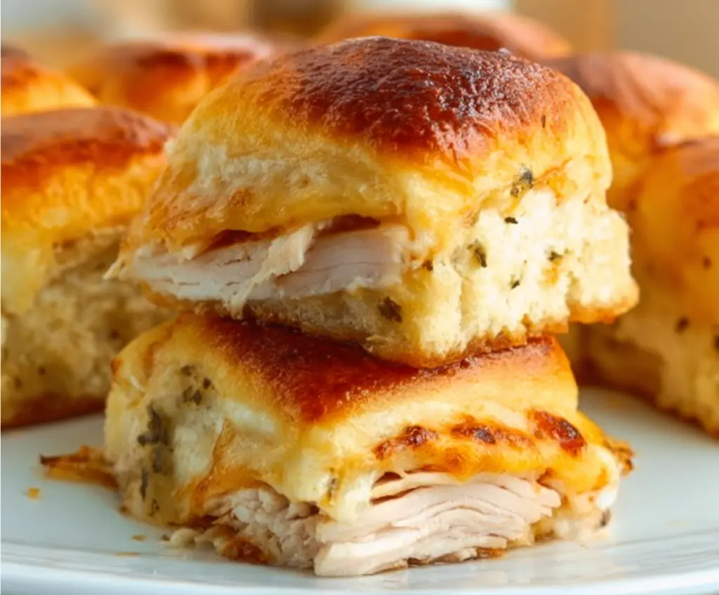 Delicious baked turkey and cheese sliders on a plate, perfect for a quick lunch or party appetizer.