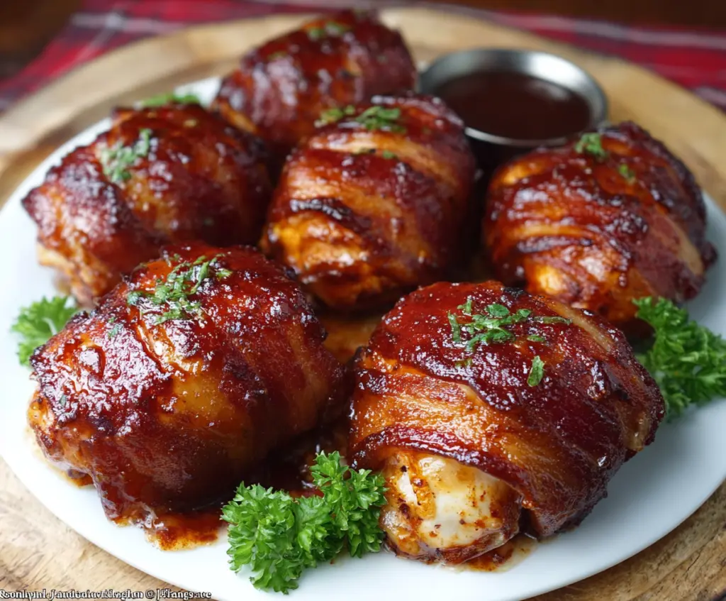 Delicious BBQ Bacon Chicken Bombs featuring juicy chicken, crispy bacon, and smoky barbecue sauce.