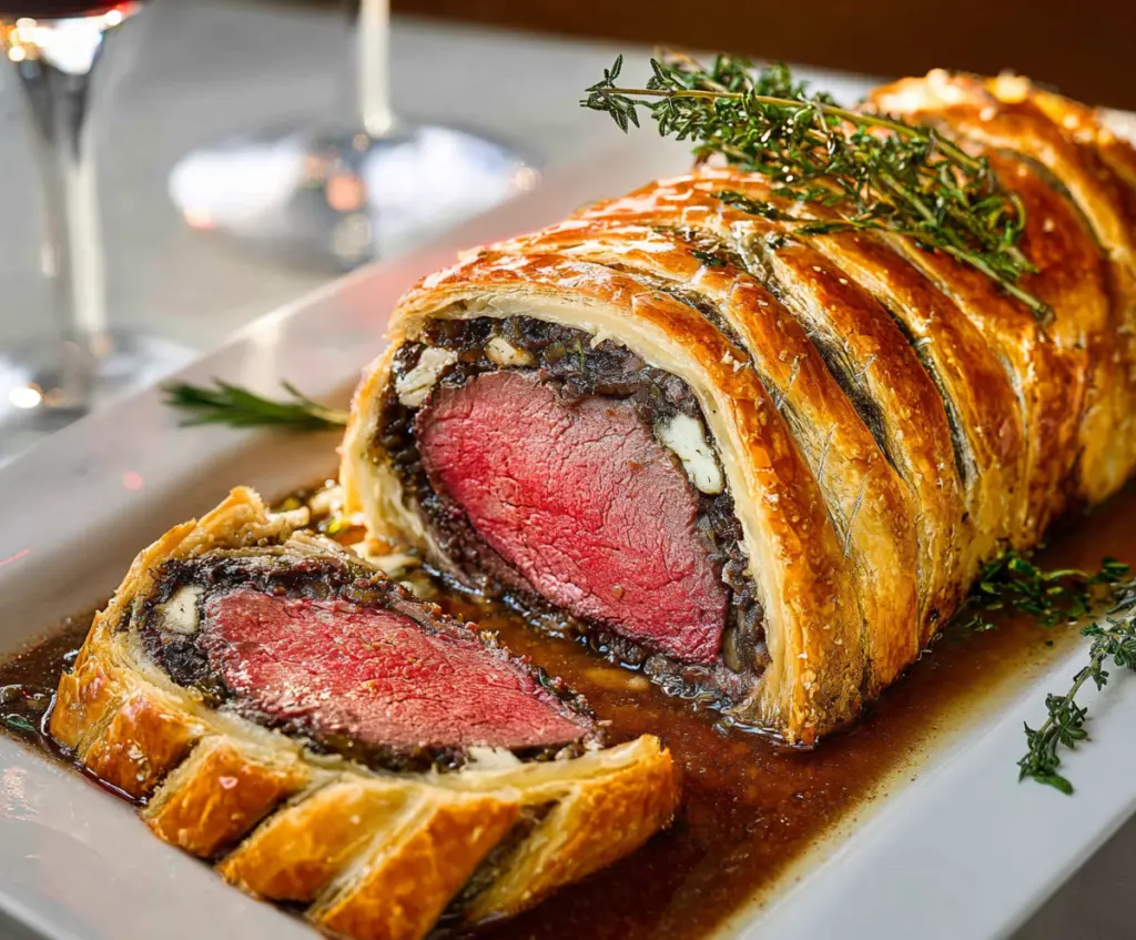 Juicy Beef Wellington dish with golden puff pastry and savory filling on a elegant plate.