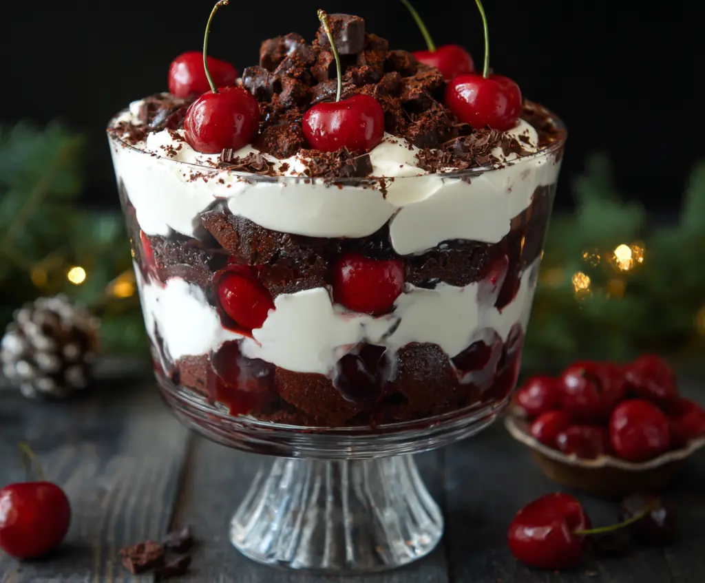 Delicious Black Forest Trifle layered with chocolate, cherries, and whipped cream for Christmas dessert.