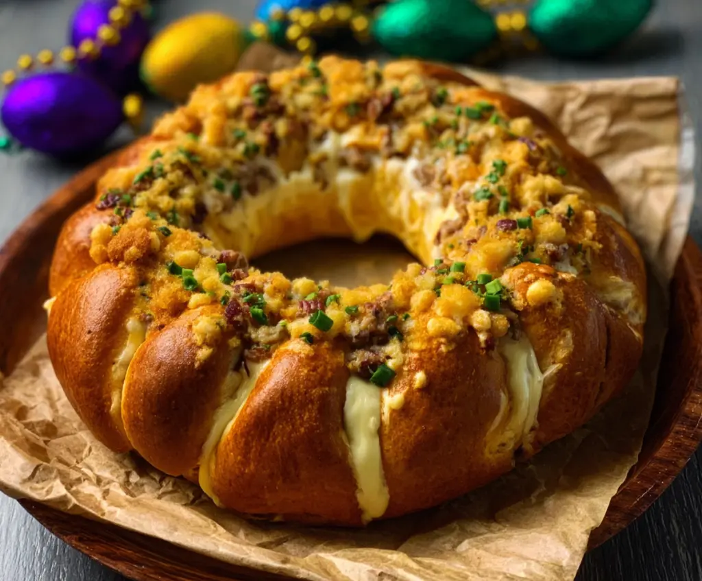 Delicious Boudin King Cake with colorful icing and festive Mardi Gras decorations.