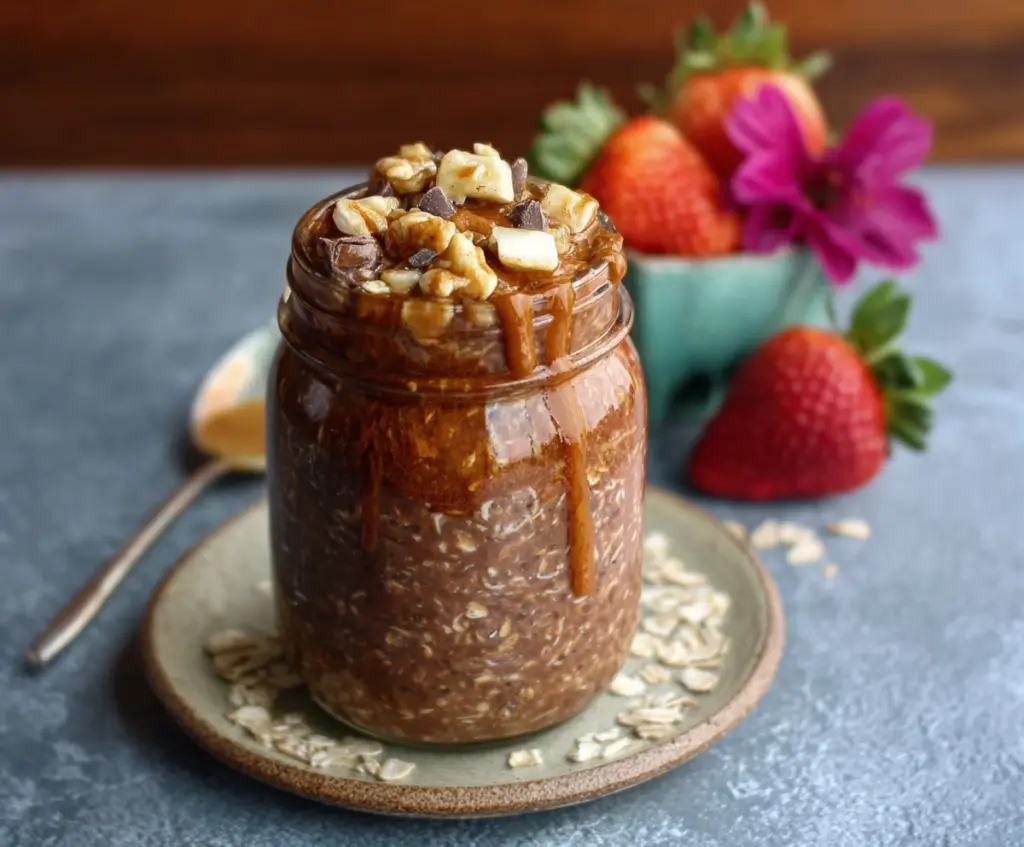 Creamy Brownie Batter Overnight Oats topped with chocolate shavings in a glass jar.