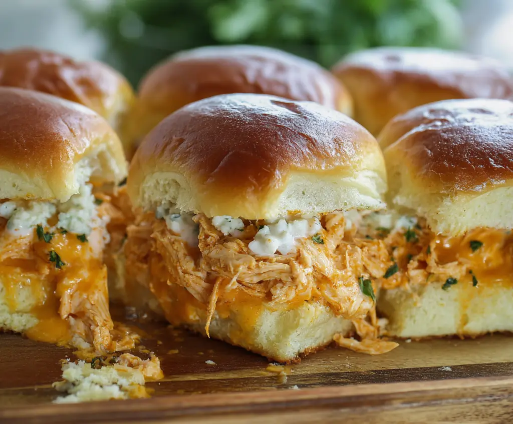 Delicious Buffalo Chicken Sliders served on a plate with crispy buns and spicy chicken filling.
