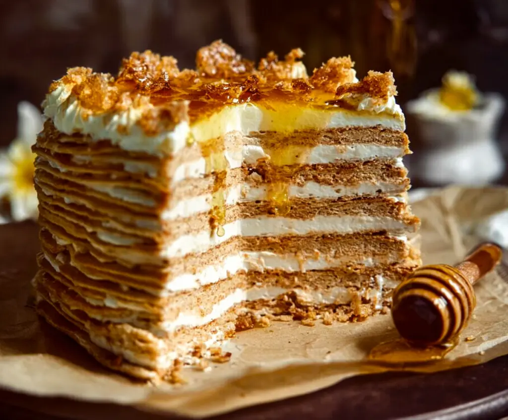 Delicious Burnt Honey Medovik layered cake with caramelized honey and cream filling