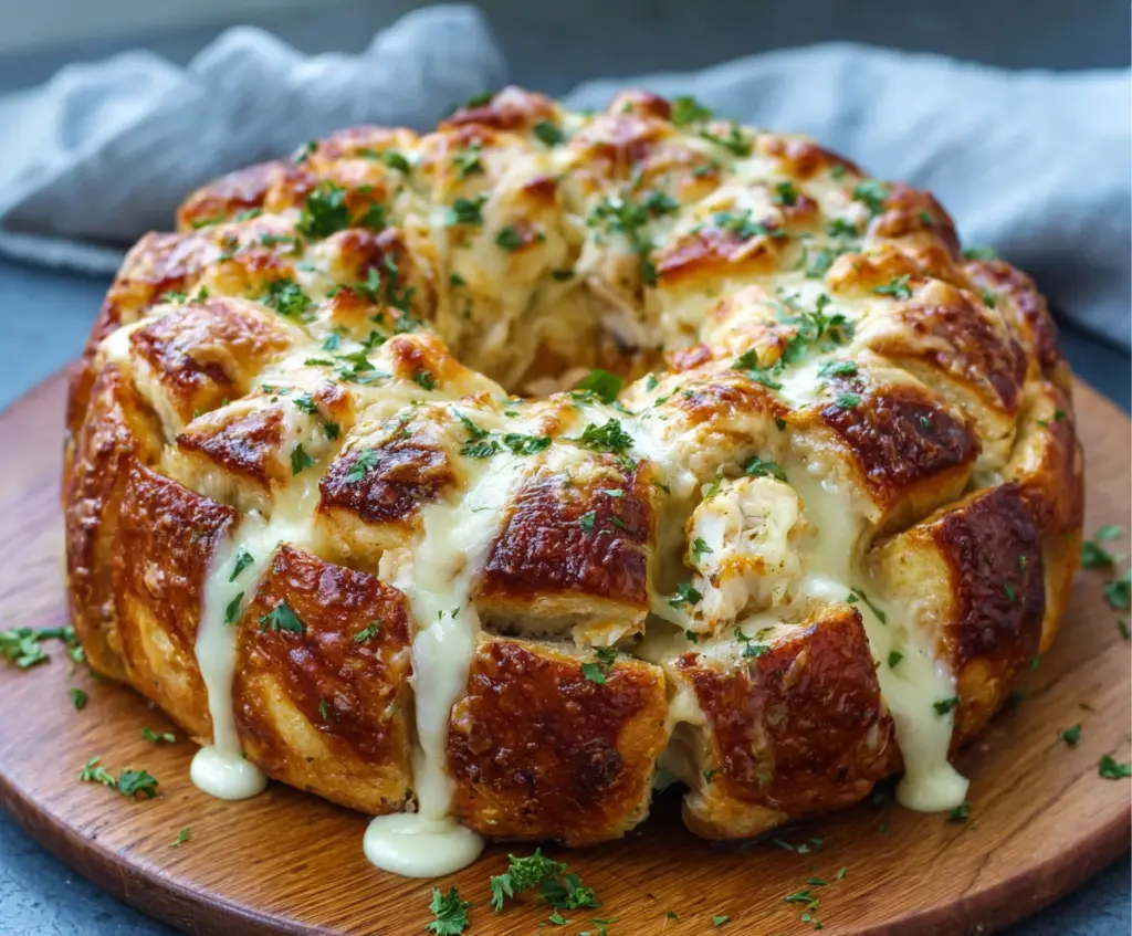 Delicious Chicken Alfredo Monkey Bread with melted cheese and crispy topping on a white plate.