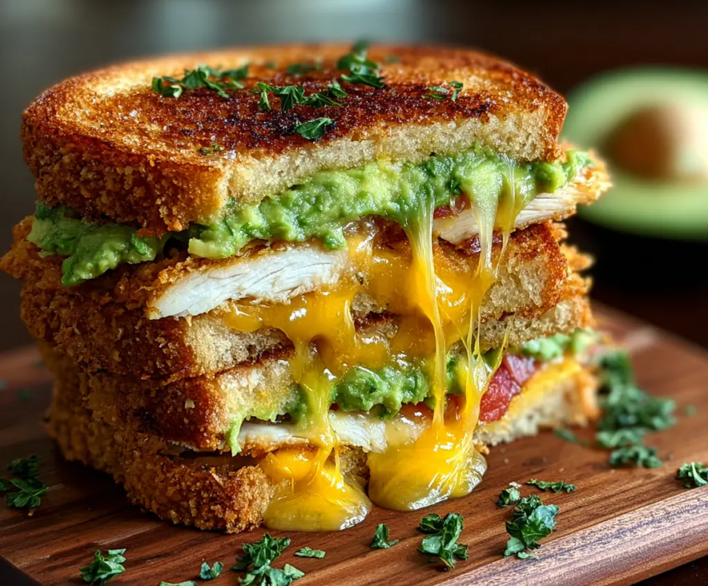 Delicious Chicken Avocado Melt Sandwich with melted cheese and fresh avocado slices.