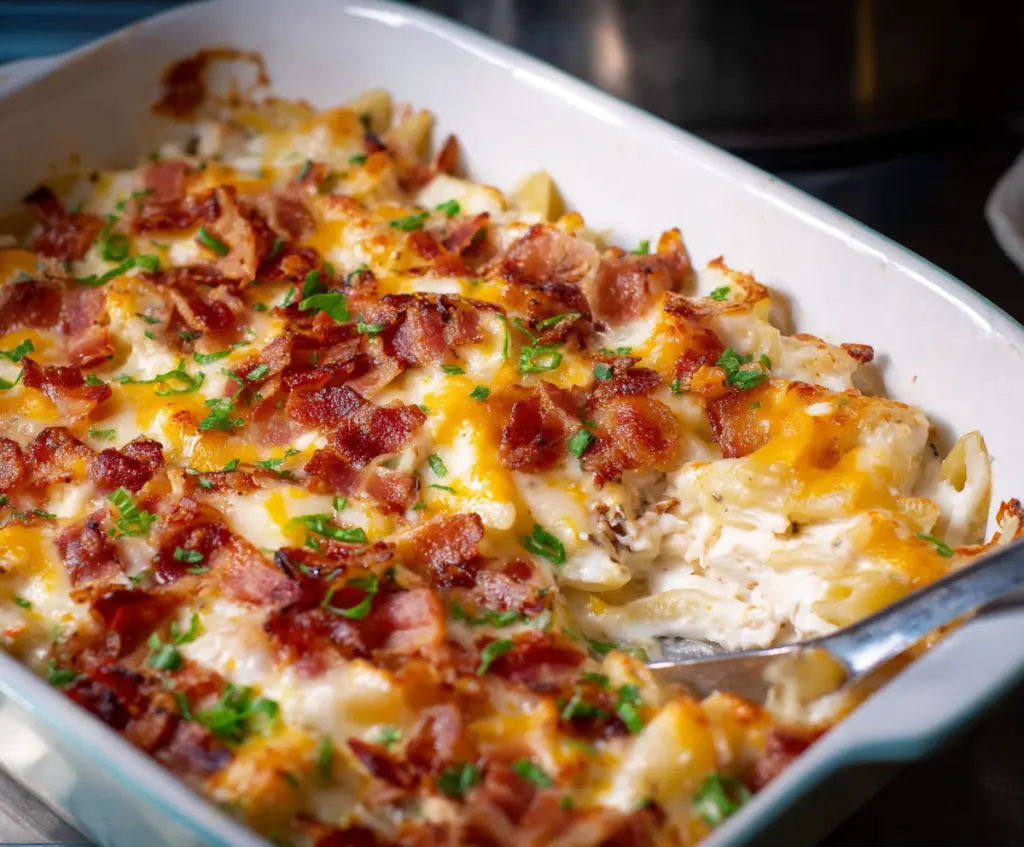 Delicious Chicken Bacon Ranch Casserole topped with melted cheese and crispy bacon pieces.