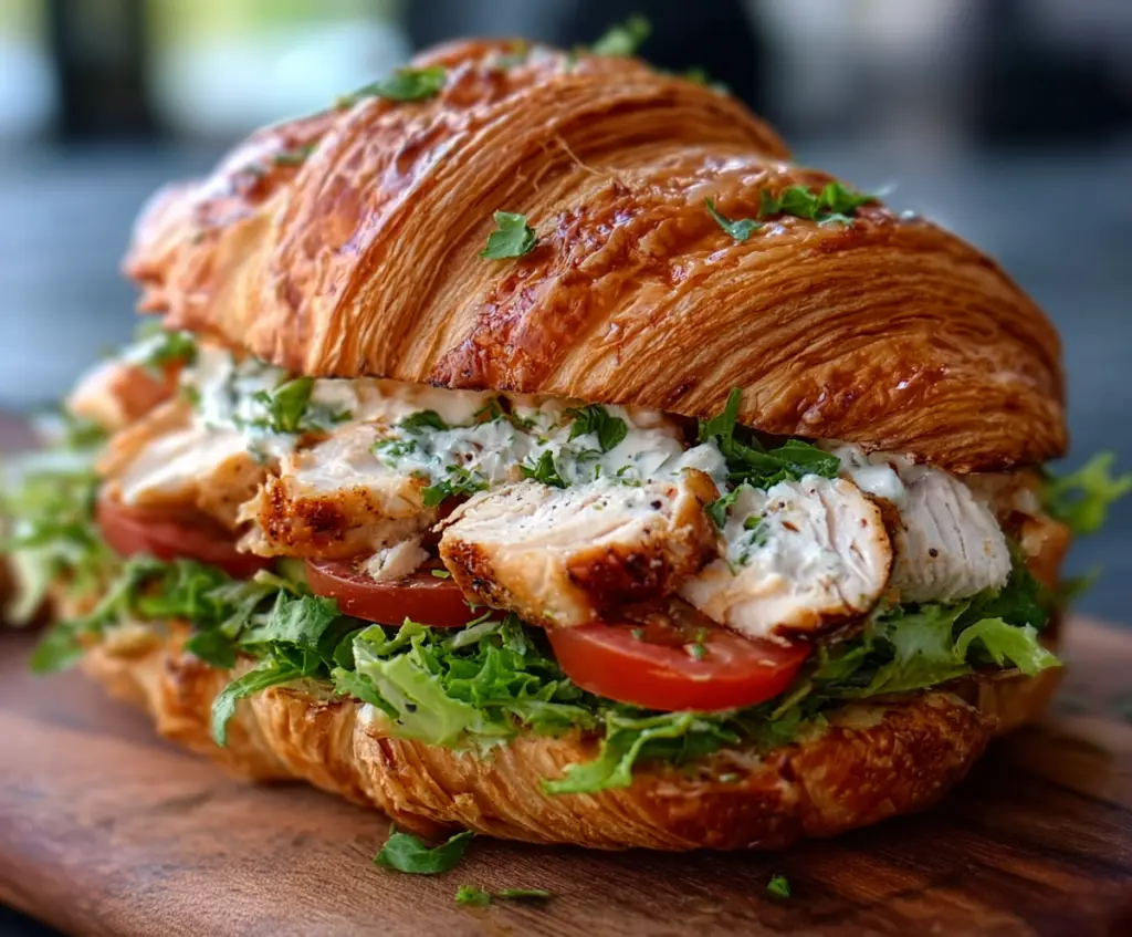 Delicious Chicken Caesar Croissant Sandwich with fresh lettuce and creamy Caesar dressing