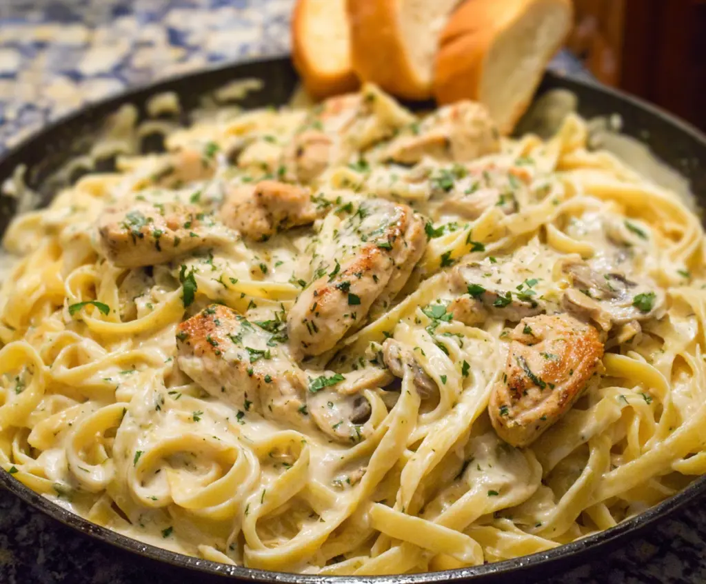 Creamy Chicken Fettuccine Alfredo served with fresh herbs and Parmesan cheese
