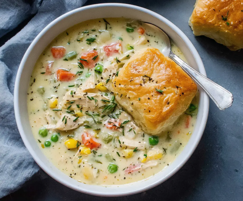 Creamy Chicken Pot Pie Soup in a bowl with golden crust topping, perfect for cozy dinners.